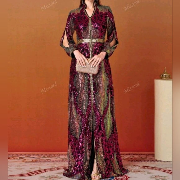 Hot Pink, Bishop Sleeves, V Neck, Contrast Sequined Mermaid Maxi Gown - Picture 7 of 11